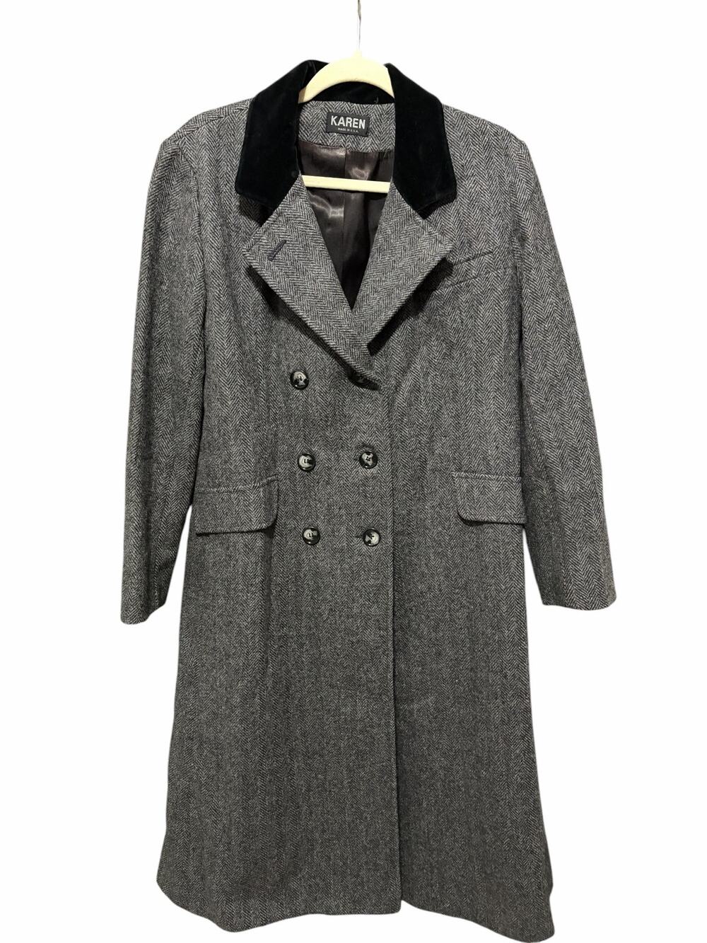 Vintage Karen Wool Coat Gray Herringbone Double Breasted Velvet Collar USA